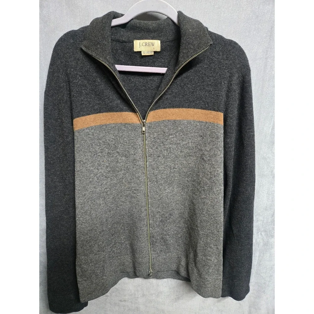 J. Crew Mens Full Zip Lambswool Sweater Gray Colorblock Mock Neck Large